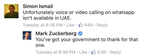 مارك زكربيرغ يرد على منع واتس آب في الإمارات