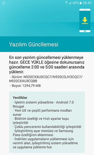 Galaxy Note 5 يحصل على تحديث Android 7 Nougat - الإشعار باللغة التركية