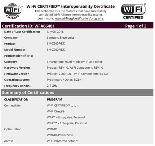 جهاز Samsung Z2 يحصل على تصريح Wifi - قادم قريبا