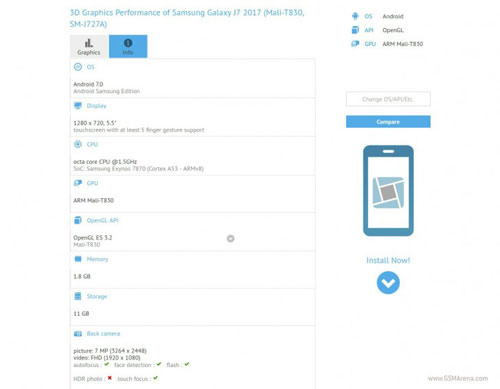 رصد هاتف جالكسي J7 نسخة 2017 ضمن منصة GFXBench