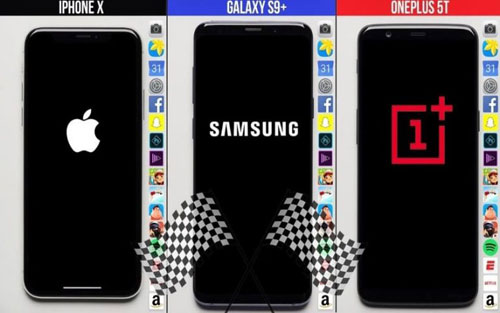 اختبار السرعة بين جالاكسي S9+ والأيفون X و OnePlus 5T ، من الأسرع