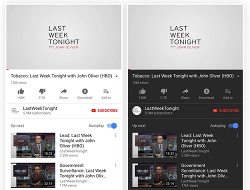 الفرق في واجهة يوتيوب مع خاصية الوضع الليلي