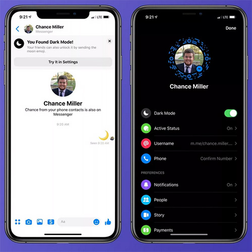 فيسبوك ماسنجر بميزة الوضع الليلي على الآيفون