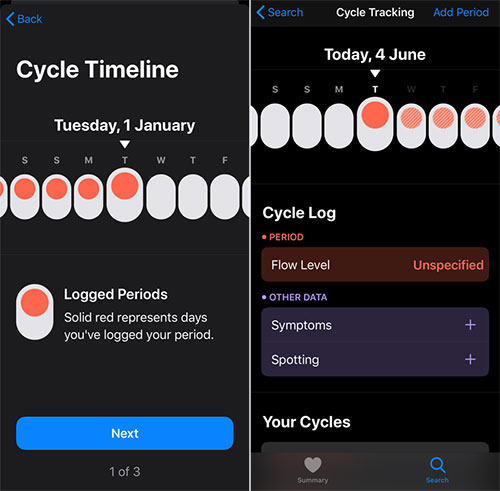 تتبع الدورة الشهرية في تطبيق الصحة على iOS 13