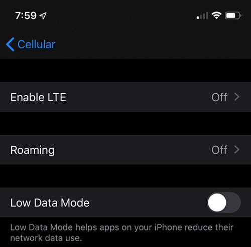 خيار Low Data Mode لتقليل استهلاك بيانات الهاتف