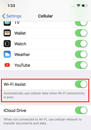 تعطيل خاصية WiFi Assist