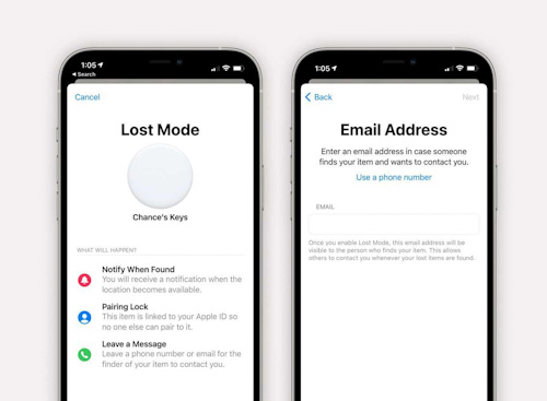 إضافة البريد الإلكتروني وضع الضياع AirTag