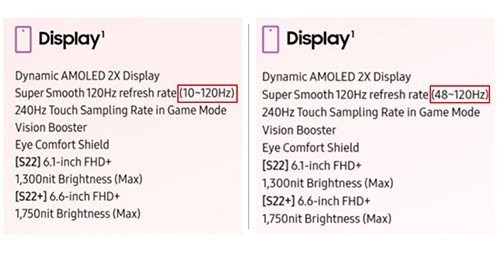 تنويه: Galaxy S22 & S22 Plus يدعمان معدلات التحديث المتغيرة من 48Hz وحتى 120Hz