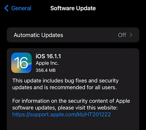 تنزيل وتثبيت تحديث iOS 16.1.1