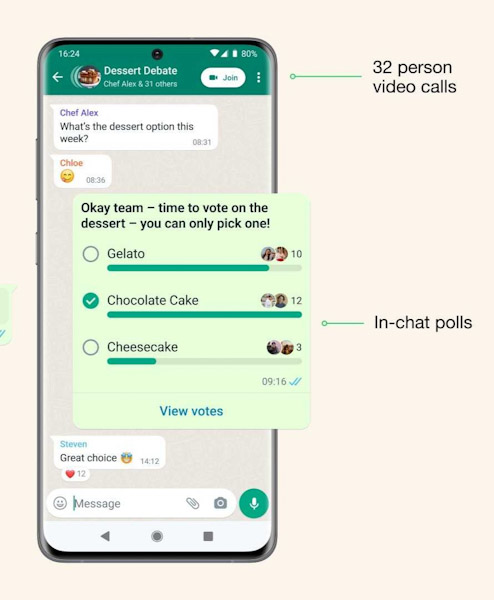 مكالمات فيديو في واتس اب حتى 32 عضو والتصويت